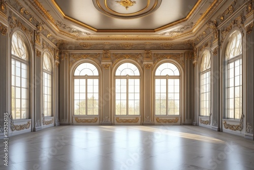 Luxurious empty ballroom with large arched windows and gold detailing.