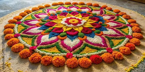 A beautiful rangoli design made of flowers and powders on the floor photo