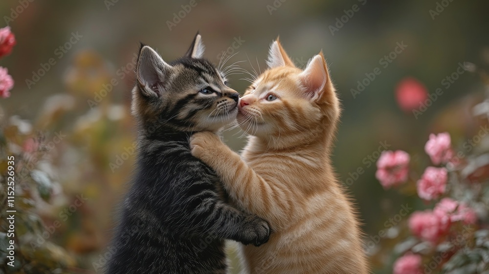 Fototapeta premium Two playful kittens, one black and one orange, affectionately nuzzling in a floral setting.