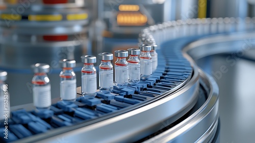 Automated Production Line in Pharmaceutical Factory with Glass Vials Conveying on Conveyor Belt for Drug Manufacturing and Distribution in Modern Laboratory Environment photo