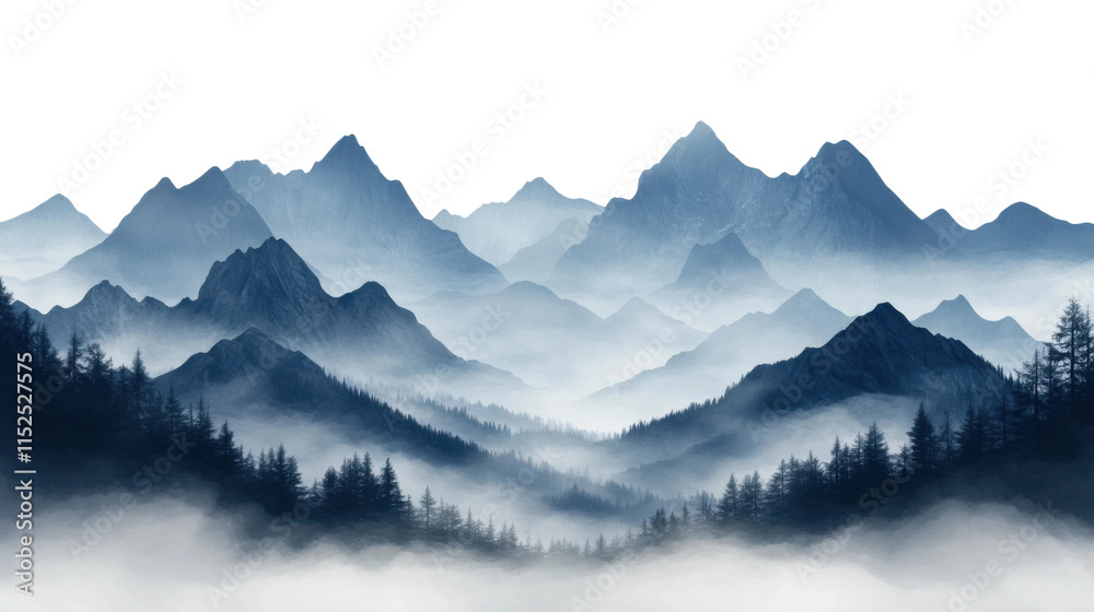 Mystical mountain range covered in fog, dramatic peaks and misty landscape with moody atmospheric design perfect for fantasy and nature themes isolated on transparent background Mystical mountain range covered in fog, dramatic peaks and misty landscape with moody atmospheric design perfect for fantasy and nature themes isolated on transparent background