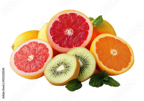 Assorted citrus fruits including orange, grapefruit, lemon, and sliced kiwi, vibrant colorful fresh fruit mix for healthy eating and organic produce isolated on transparent background