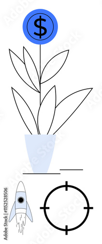 Plant with dollar sign blossoming from stem, symbolizing financial growth and investment, next to rocket and target. Ideal for business strategy, investment planning, goal setting, financial success