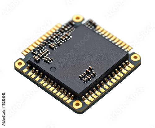 Modern electronic microchip with gold pins and compact design, essential technology component for computers, gadgets, and circuit boards isolated on transparent background