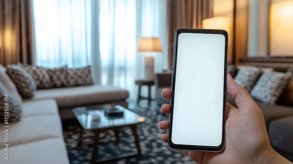 Hand holding smartphone with blank screen in modern living room. Hand holding smartphone with blank screen in modern living room.