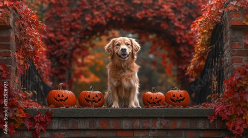 A golden retriever sits among carved pumpkins in a vibrant autumn setting.