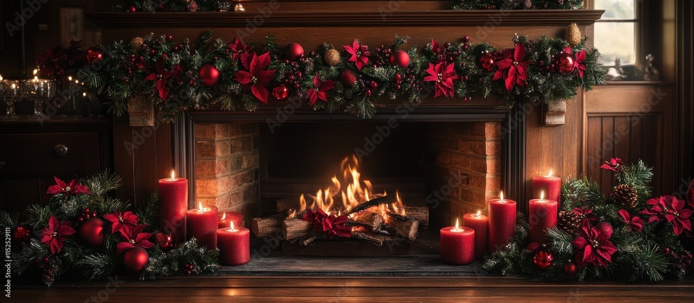 A cozy fireplace adorned with festive decorations and candles, creating a warm holiday ambiance. A cozy fireplace adorned with festive decorations and candles, creating a warm holiday ambiance.