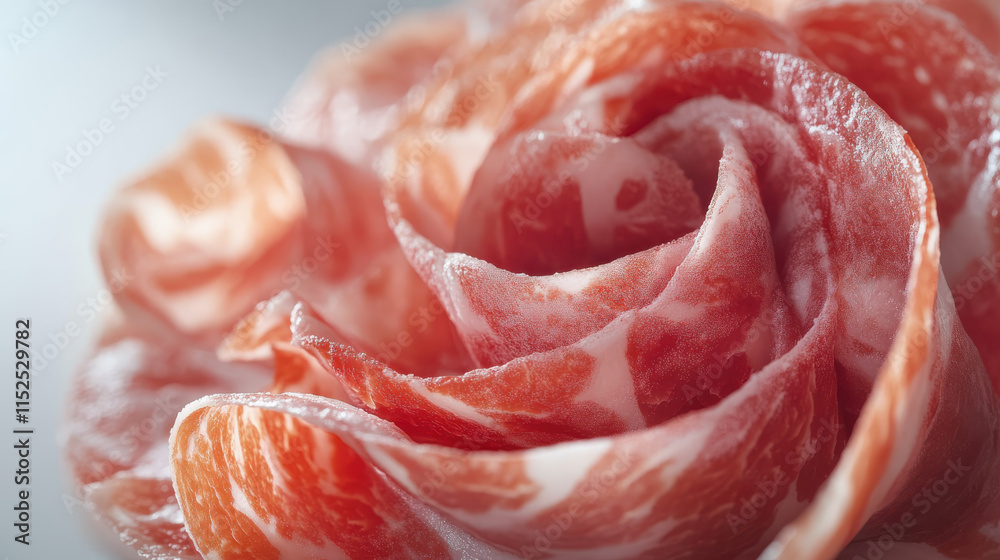 A luxurious depiction of thinly sliced gourmet meat, layered delicately in an artistic spiral, vibrant scarlet and pink gradients glowing under soft daylight, no shadows, purely cut-out effect on a br A luxurious depiction of thinly sliced gourmet meat, layered delicately in an artistic spiral, vibrant scarlet and pink gradients glowing under soft daylight, no shadows, purely cut-out effect on a br