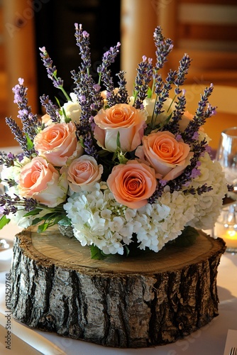 Rustic Peach Roses Lavender Hydrangea Wedding Centerpiece on Wood Slice