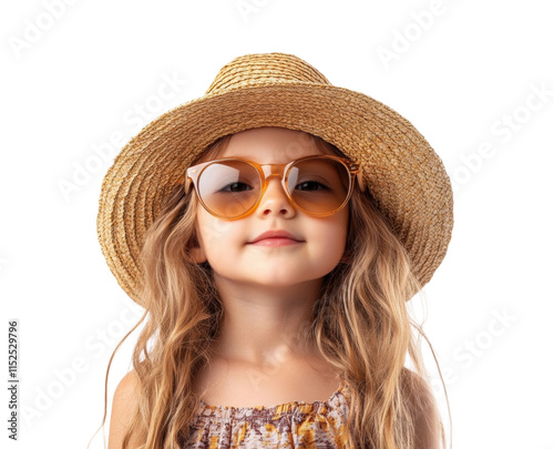 Smiling girl wearing a straw hat and sunglasses, stylish summer look for kids, cute fashion portrait with blonde hair isolated on transparent background