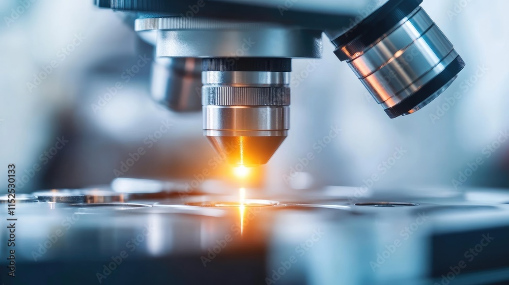 Close-up of a microscope with a focused light beam for scientific analysis. Close-up of a microscope with a focused light beam for scientific analysis.