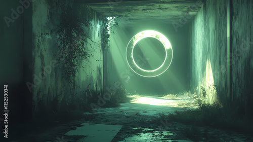 Abandoned corridor with surreal glowing ring - a desolate corridor bathed in an unnatural glow from a surreal, floating ring, creating a scene of mystery and speculation. Liminality. Illustration photo