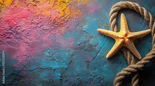 A starfish rests on a textured, colorful background with rope, evoking beach and marine themes.