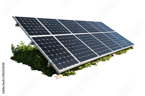 Row of solar panels with reflective surface, sustainable energy, solar technology, modern renewable power source, clean electricity generation, isolated on transparent background, photovoltaic cells photo