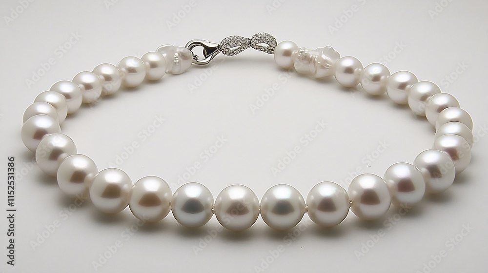 Elegant pearl necklace, lustrous white pearls, classic design, silver clasp. Elegant pearl necklace, lustrous white pearls, classic design, silver clasp.
