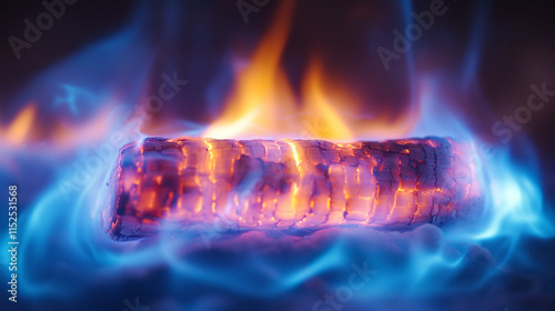 A close-up of burning fire logs with a blurred chaotic background symbolizing warmth, energy, transformation, and the uncontrollable nature of fire in a moment of intense movement and unpredictability photo