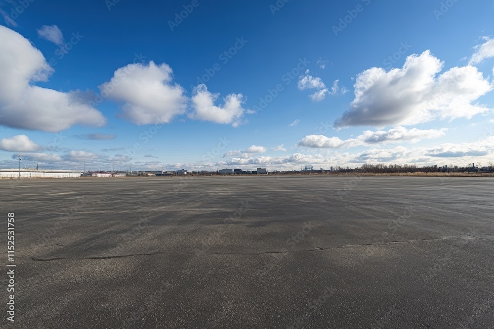 Empty asphalt lot under a bright blue sky with fluffy clouds. Empty asphalt lot under a bright blue sky with fluffy clouds.