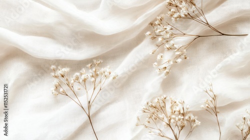 Delicate White Flowers on Soft Cream Fabric with Gentle Texture and Warm Light