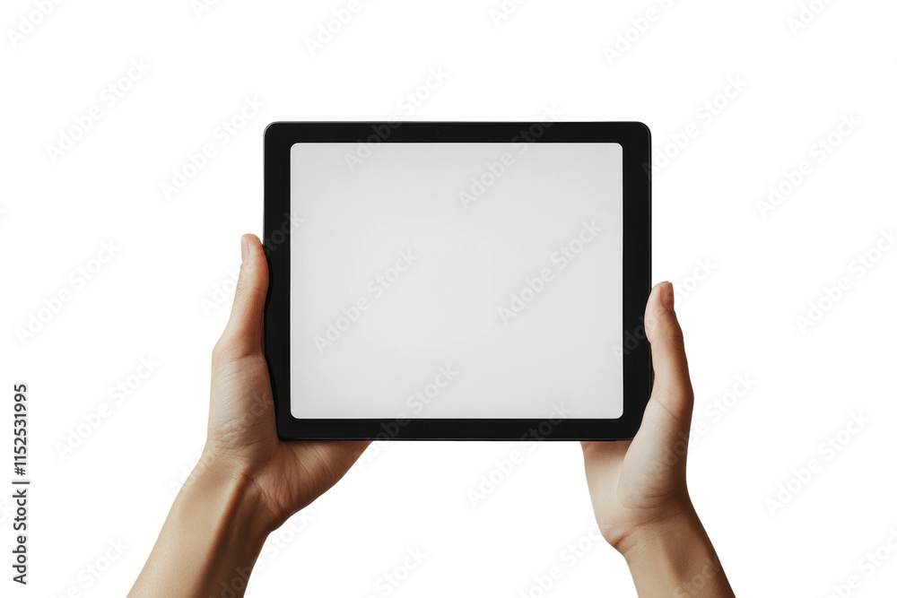 Hands holding a black tablet device with blank white screen for mockup, technology, gadget, digital, touchscreen, portable, isolated on transparent background Hands holding a black tablet device with blank white screen for mockup, technology, gadget, digital, touchscreen, portable, isolated on transparent background