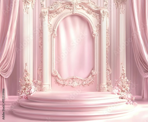 Elegant Pink Stage with Decorative Frame and Floral Accents for Photography Background
