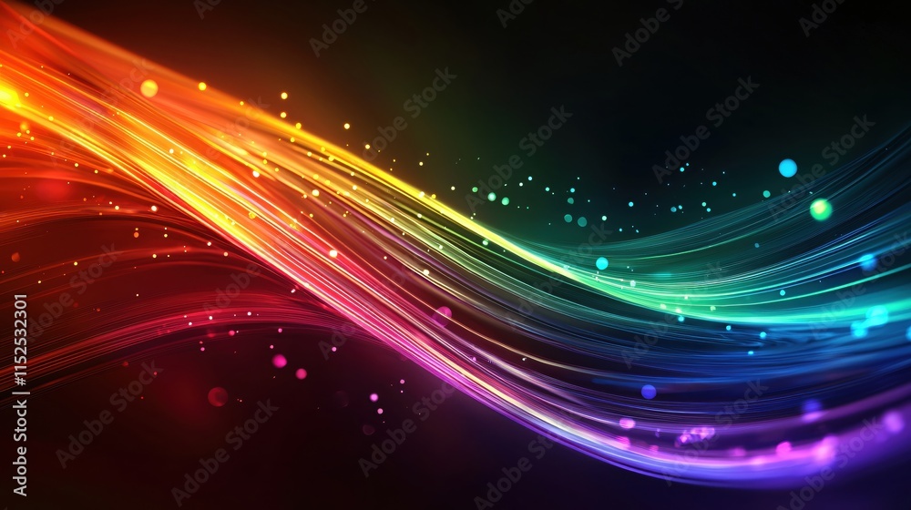 Obraz premium Vibrant Flowing Waves of Light in Rainbow Colors with Glittering Particles