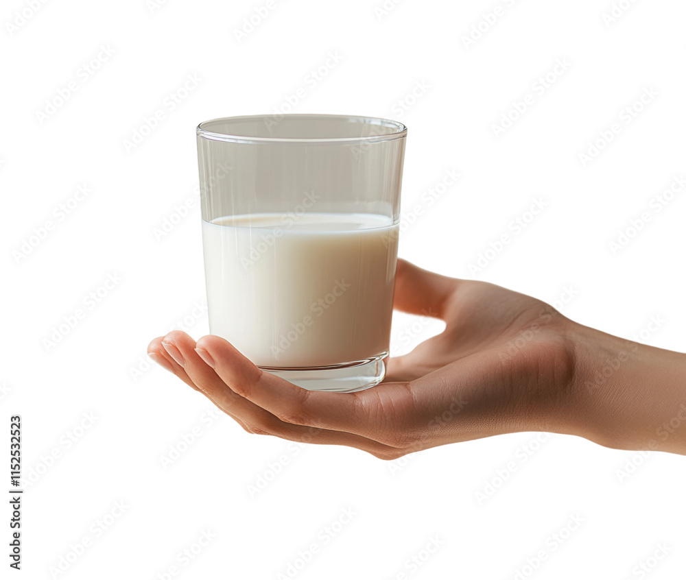 Glass of fresh milk held by female hand, healthy drink concept for nutrition, calcium, and dairy consumption, organic beverage isolated on transparent background Glass of fresh milk held by female hand, healthy drink concept for nutrition, calcium, and dairy consumption, organic beverage isolated on transparent background