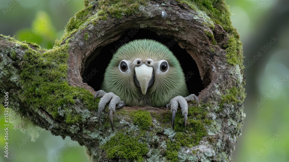 Curious Parrot Peeking from Tree Hole in Forest Habitat with Lush Green Moss Offering a Glimpse into Bird Wildlife Behavior and Natural Beauty in Vibrant Ecology Curious Parrot Peeking from Tree Hole in Forest Habitat with Lush Green Moss Offering a Glimpse into Bird Wildlife Behavior and Natural Beauty in Vibrant Ecology
