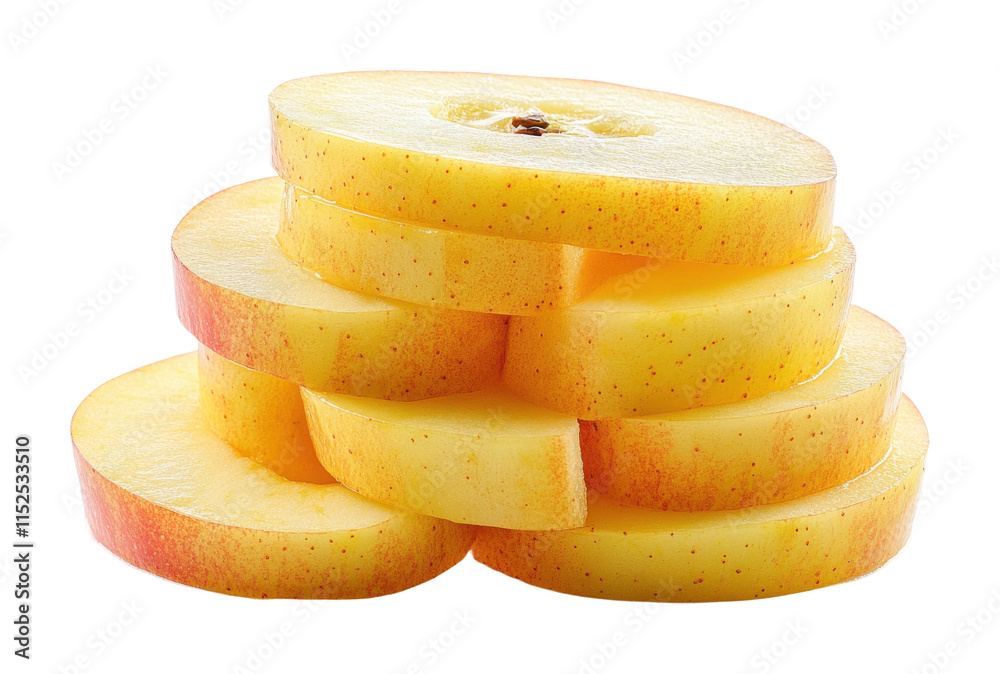 Fresh yellow apple slices stacked neatly ready for healthy snacking or culinary uses. Isolated on transparent background, png. Fresh yellow apple slices stacked neatly ready for healthy snacking or culinary uses. Isolated on transparent background, png.