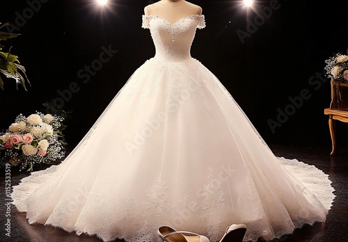 Elegant Off-Shoulder Ball Gown Wedding Dress AI Art photo