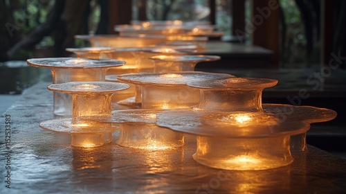 Illuminated glass sculptures arranged on a surface, emitting warm light. photo