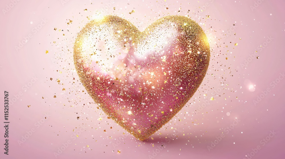 Obraz premium Sparkling Heart Design with Glitter and Colorful Particles on Soft Pink Background
