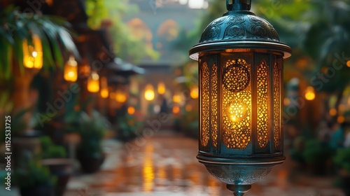 Intricate metal lantern glows warmly in a lush, dimly lit courtyard. photo