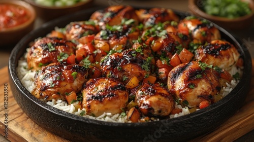 Grilled chicken pieces with rice and vegetables in a cast iron skillet.