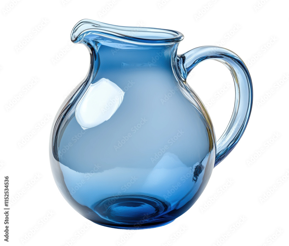 Blue glass pitcher with curved handle and spout, glossy translucent finish, decorative tableware for serving beverages or artistic display isolated on transparent background Blue glass pitcher with curved handle and spout, glossy translucent finish, decorative tableware for serving beverages or artistic display isolated on transparent background
