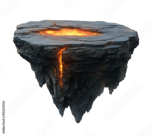 Floating island with glowing lava fissure, cracked rocky terrain featuring vibrant molten core, mystical landscape element for fantasy designs isolated on transparent background