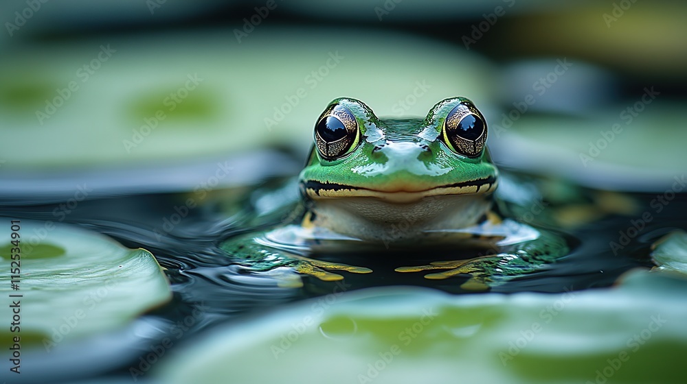 Close-up of a vibrant green frog's face peeking above water among lily pads. Close-up of a vibrant green frog's face peeking above water among lily pads.