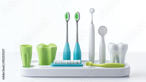 A modern dental care set showcasing toothbrushes, dental tools, and cups on a clean, minimalistic tray. photo