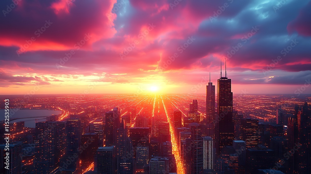 Fototapeta premium Vibrant Sunset Over Illuminated Cityscape Skyline