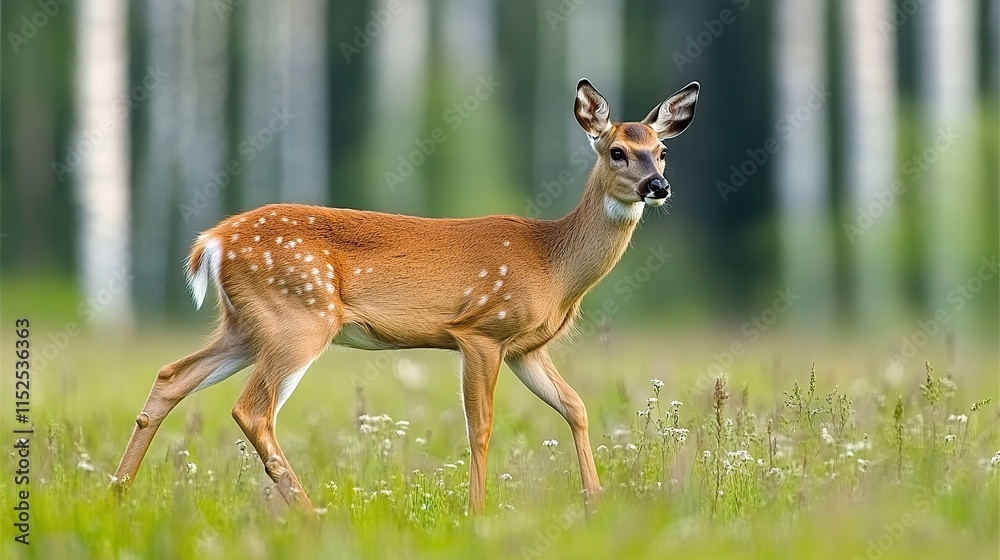 A young female white-tailed deer walks through a field of wildflowers, with a birch forest in the background. A young female white-tailed deer walks through a field of wildflowers, with a birch forest in the background.
