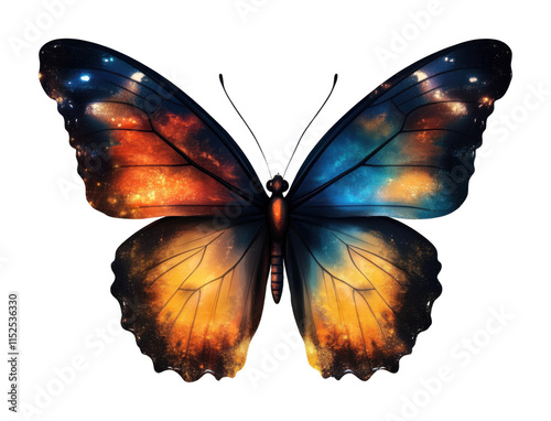 Colorful butterfly illustration with vibrant rainbow wings, detailed artistic insect design, nature-inspired symbol of beauty and freedom, isolated on transparent background photo