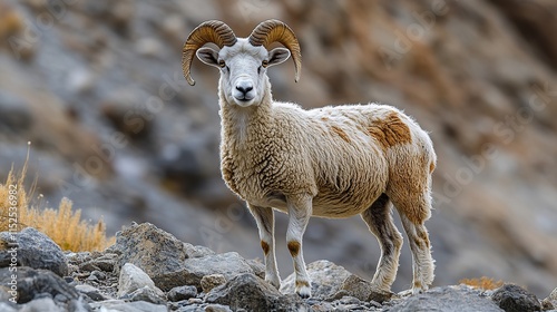 Majestic bighorn sheep standing on rocky mountain terrain, looking directly at the camera. photo