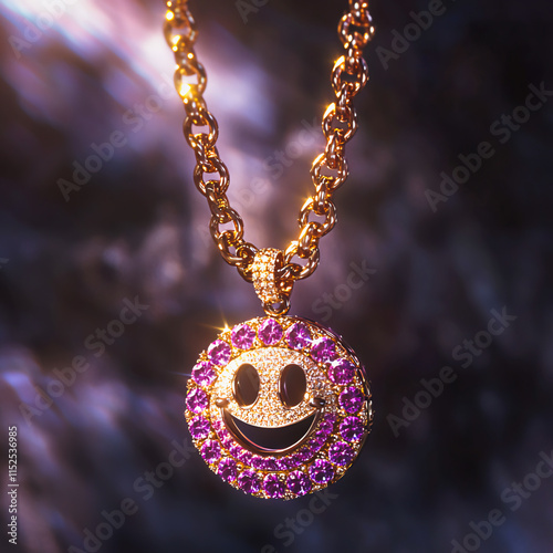 Gold smiley face pendant adorned with sparkling purple gemstones on a chain.

