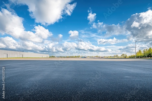 Empty asphalt parking lot under a bright blue sky with fluffy clouds.