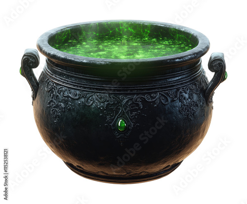 Witch cauldron filled with bubbling green potion resting. Isolated on transparent background, png.