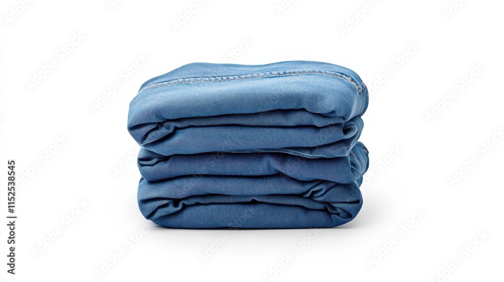 Neatly stacked blue fabric on a white background Neatly stacked blue fabric on a white background
