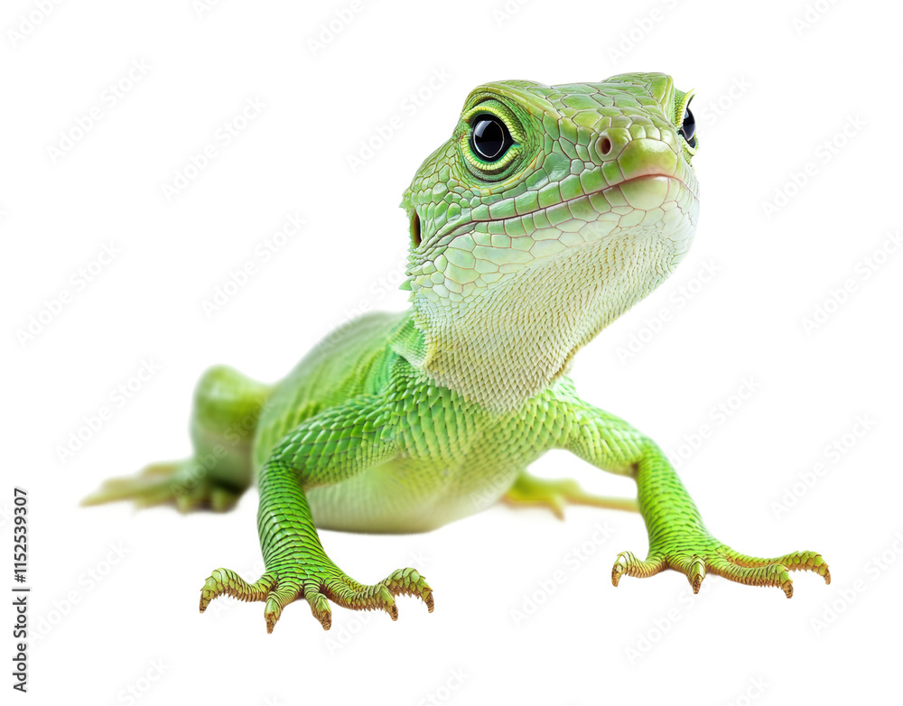 Bright green lizard close-up with textured scales and big curious eyes, exotic reptile in active pose perfect for wildlife photography isolated on transparent background Bright green lizard close-up with textured scales and big curious eyes, exotic reptile in active pose perfect for wildlife photography isolated on transparent background