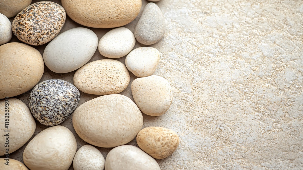 Smooth Pebbles on Light Sand Background for Natural and Calming Aesthetic Smooth Pebbles on Light Sand Background for Natural and Calming Aesthetic