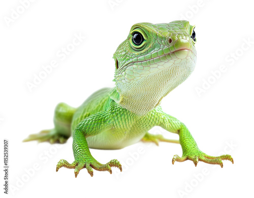 Bright green lizard close-up with textured scales and big curious eyes, exotic reptile in active pose perfect for wildlife photography isolated on transparent background photo