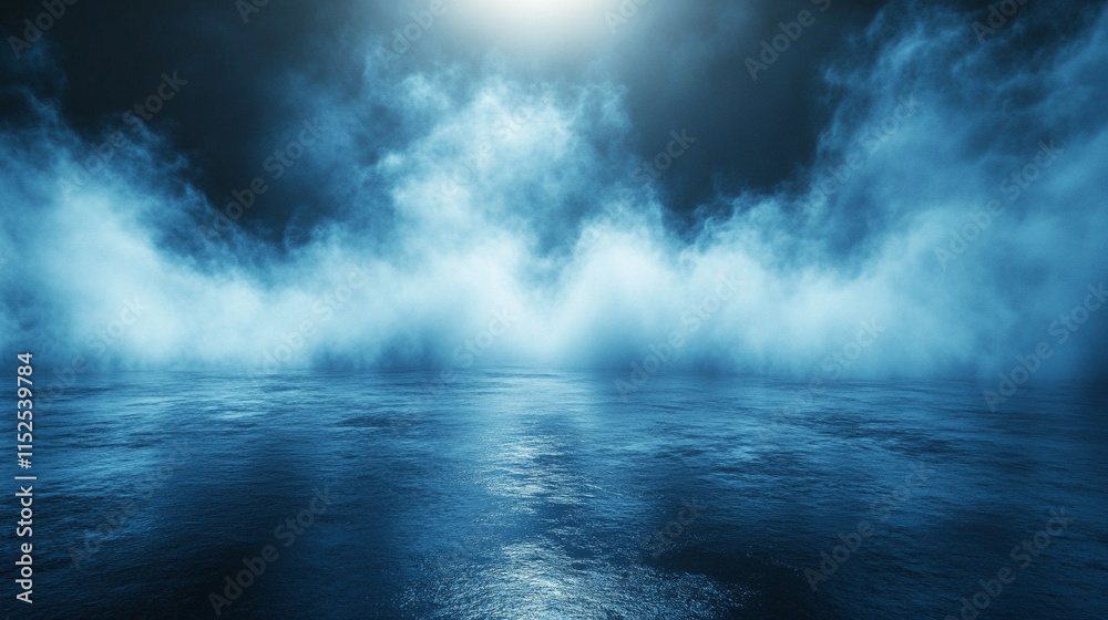Dark street with wet asphalt reflecting rays in the water, abstract dark blue background, smoke, smog, neon lights, spotlights, empty scene, concrete floor evoking a sense of chaos and mystery Dark street with wet asphalt reflecting rays in the water, abstract dark blue background, smoke, smog, neon lights, spotlights, empty scene, concrete floor evoking a sense of chaos and mystery