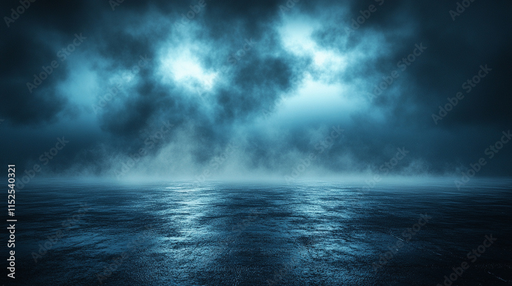 Dark street with wet asphalt reflecting rays in the water, abstract dark blue background, smoke, smog, neon lights, spotlights, empty scene, concrete floor evoking a sense of chaos and mystery Dark street with wet asphalt reflecting rays in the water, abstract dark blue background, smoke, smog, neon lights, spotlights, empty scene, concrete floor evoking a sense of chaos and mystery
